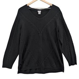 Chicos Zenergy Cable Knit Sweater Womens Black Cashmere Blend Pullover Size XL